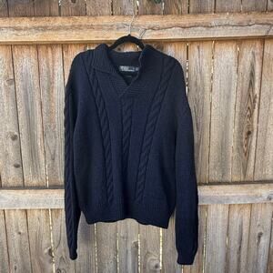 POLO Ralph Lauren Wool SWEATER navy blue cable Medium hand knit